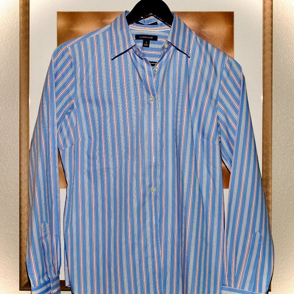 Lands' End Long Sleeve, Womens Size 4 Blue Red Striped Shirt.